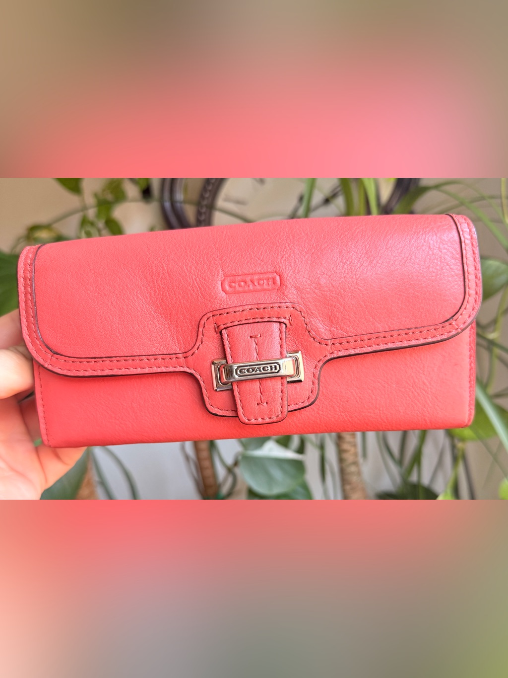 Coach Coral-Pink Leather Clutch Wallet With Polished Logo Hardware